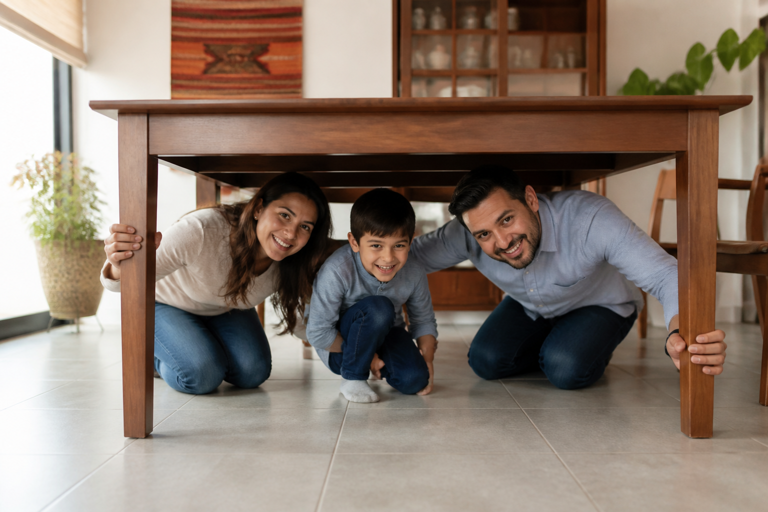 Familia practicando agáchate cúbrete aférrate en casa México