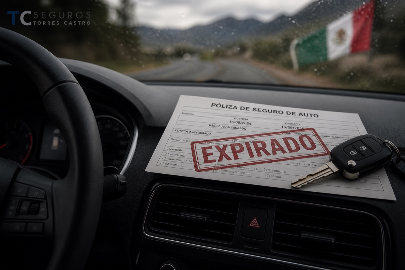 Póliza de auto vencida en tablero viaje fiestas patrias México