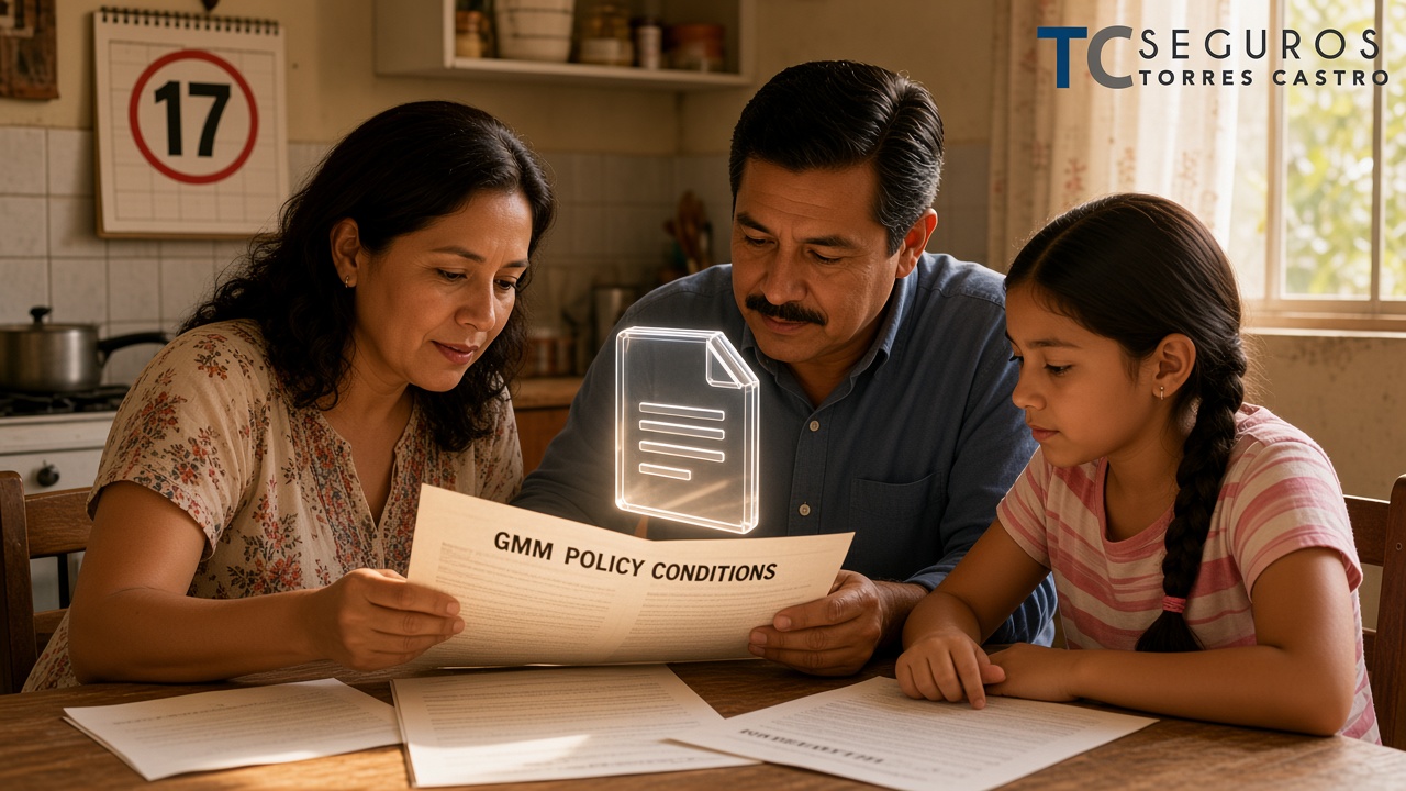 Familia mexicana leyendo condiciones del GMM antes de una cita